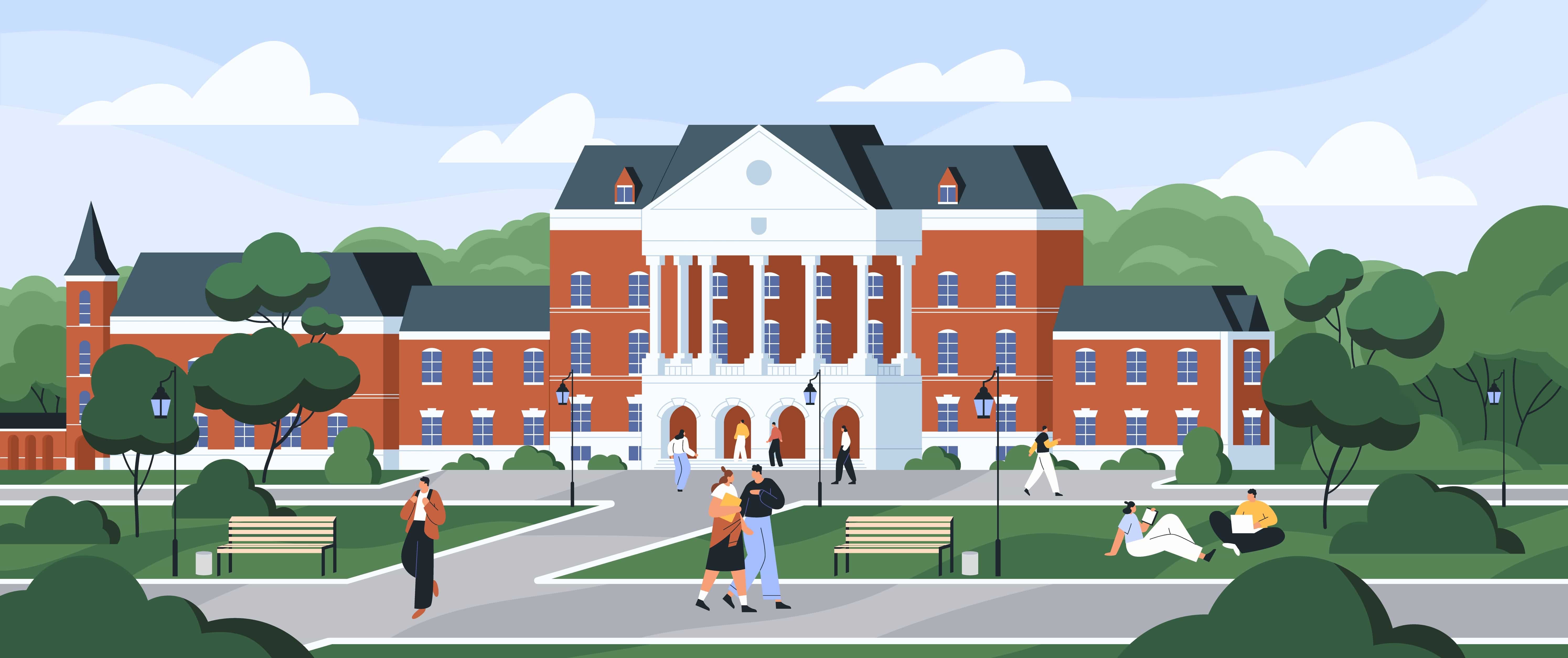 A flat illustration of a college campus with enrollment managers walking around.
