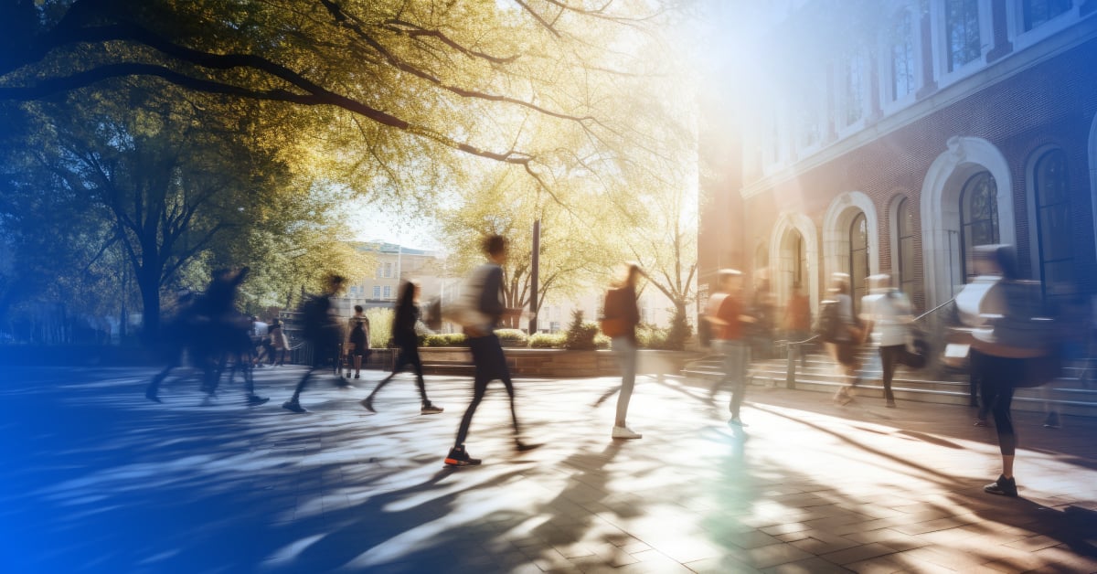 students walking on campus, natural sunlight and blur with blue vignette 