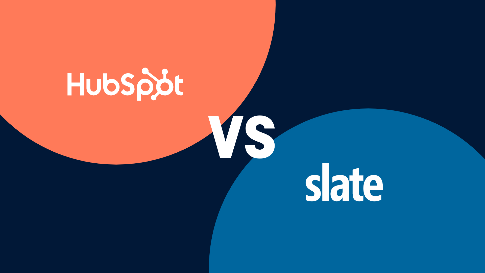 Graphic comparing HubSpot and Slate as part of the higher ed tech stack, with their logos on a split orange and blue background.